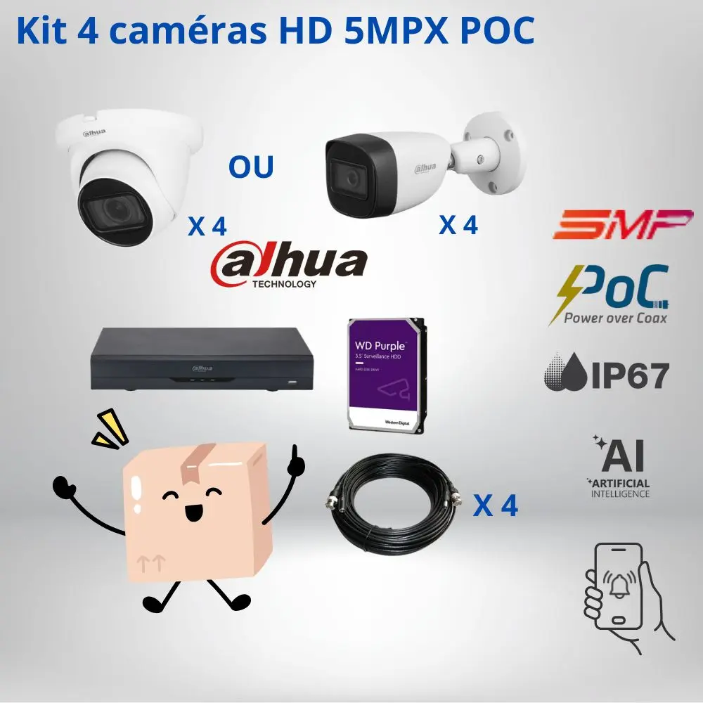 Kit vidéosurveillance Dahua POC 5MPX avec 4 caméras-IA intégrée Plug&Play-vision nocturne