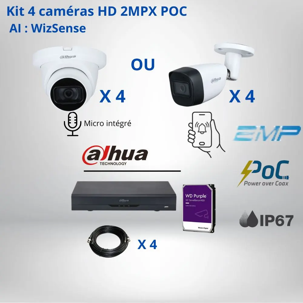 Kit vidéosurveillance Dahua POC 2MPX avec 4 caméras-IA intégrée Plug&Play-vision nocturne