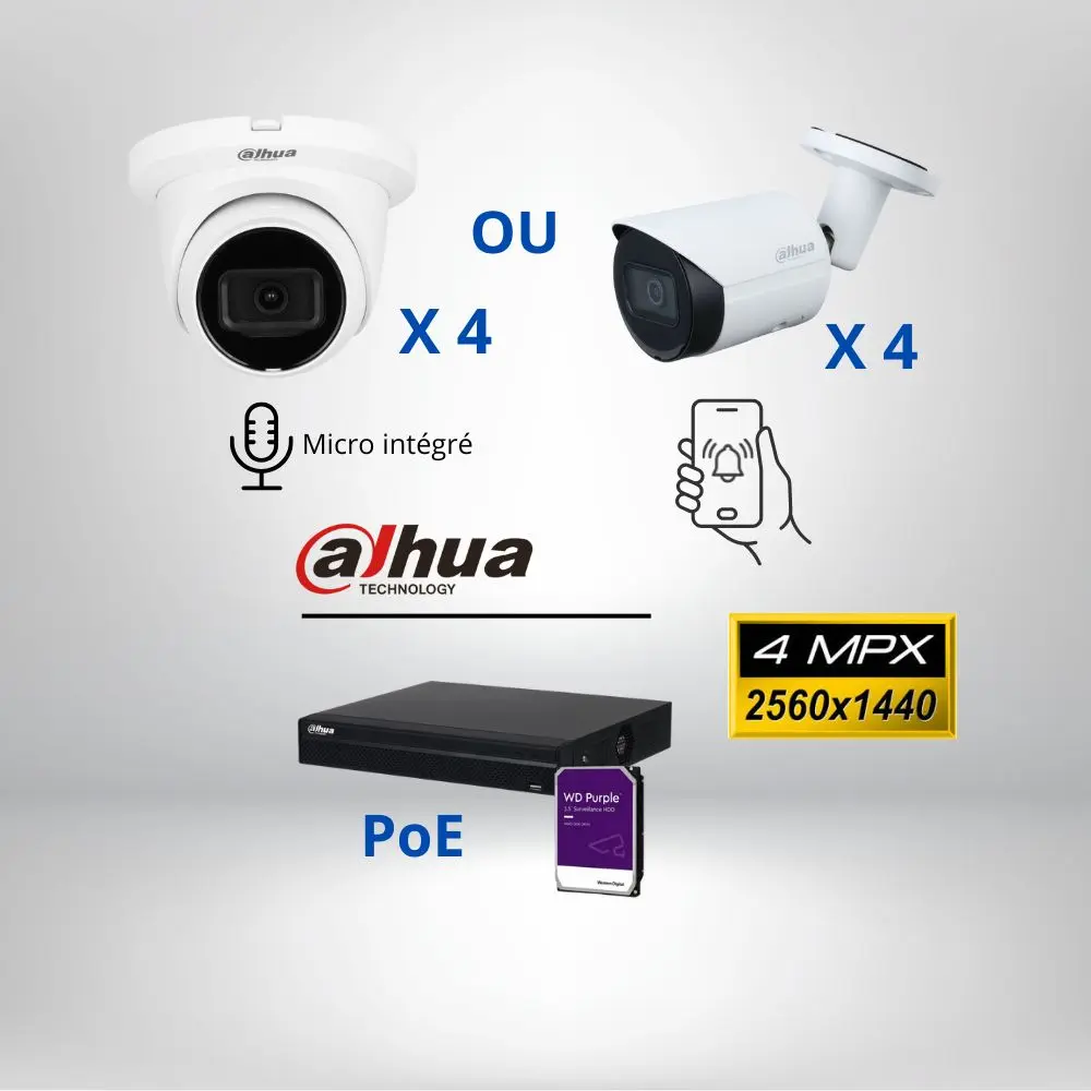 Kit vidéosurveillance complet IP PoE Dahua 4MPX- 4 caméras avec micro et détection de personnes, 1 NVR, 1 disque dur 2Tb