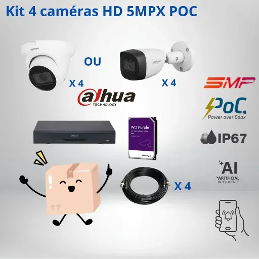 [VDH-KITPOC5MPX-AI] Kit vidéosurveillance Dahua POC 5MPX avec 4 caméras-IA intégrée Plug&Play-vision nocturne