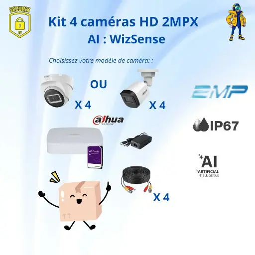 [VDH-KIT2MPX-AI] Kit vidéosurveillance Dahua HD 2MPX avec 4 caméras-IA intégrée-vision nocturne- IA intégré