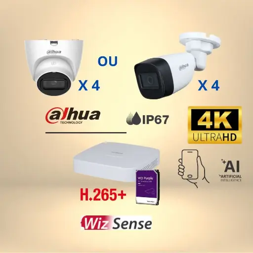 Kit vidéosurveillance HD Dahua 4K avec 4 caméras-IA intégrée Plug&Play-vision nocturne