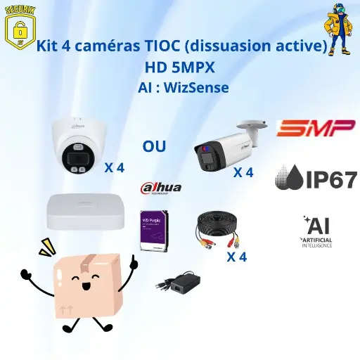[VDH-KITHD4-5MPX-TIOC] Kit de 4 caméras HD DAHUA 5 mégapixels TIOC avec enregistreur IA intégré